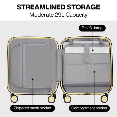 Open view of Underseat Carry-On Luggage 16 Inch Hardside PC Suitcase with compartments for 13-inch laptop and mesh pocket