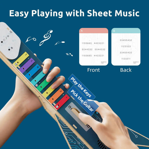 Hands holding DIY Electronics Guitar Building Kit for Kids 8-12 with sheet music cards, showcasing colorful keys and wooden body.