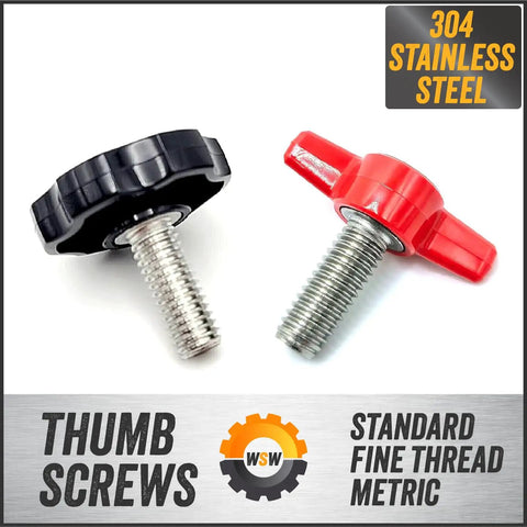 3/8 In Thumb Screws With Black Clamping Knobs And Hex Bolts, 304 Stainless Steel 3/8 16 Standard Coarse Thread, Heavy Duty Hassle Free Adjustment, Rust Resistant Hardware For Indoor Outdoor Jobs, Pack Of 4 with black and red knobs.