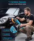 Man using Powerful 1600W Rotary Buffer Polisher With Copper Motor on car, showing 7-speed control and detachable handles.