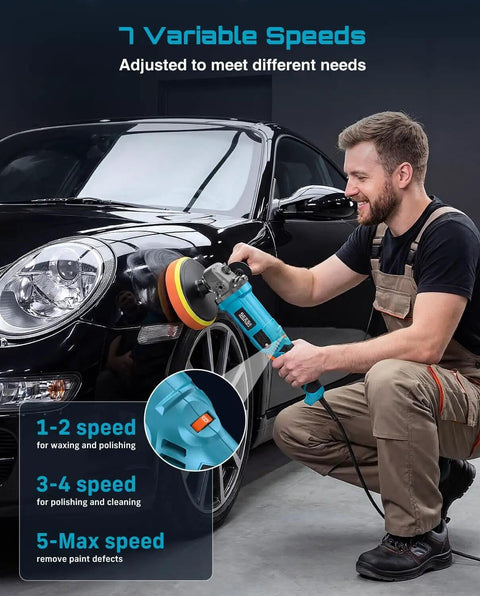 Man using Powerful 1600W Rotary Buffer Polisher With Copper Motor on car, showing 7-speed control and detachable handles.