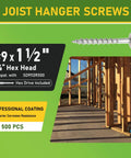 Five Hundred Connector Screws Nine By One And A Half Inches Beefy Heavy Duty Joist Hanger Screws for decking and framing displayed.