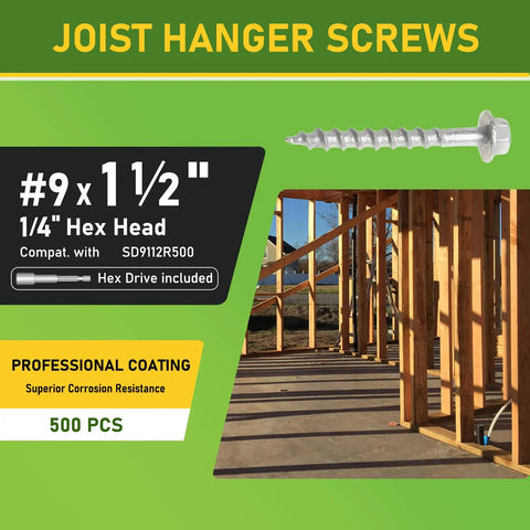 Five Hundred Connector Screws Nine By One And A Half Inches Beefy Heavy Duty Joist Hanger Screws for decking and framing displayed.