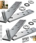 Hidden Pivot Hinges For Heavy Duty Wood Doors Up To 300 Lb Side Mount Invisible Door Hardware Stainless Steel Rustproof Ball Catch Kit For Secret Bookcase Doors And Hidden Closet Entry with screws and accessories shown.