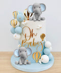 Too Cute Elephant Themed Cake Decor Set For Baby Birthday Cakes With Mini Elephants Blue And White Pearl Balls Hot Air Balloon Accents