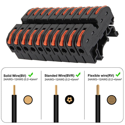 20 Pcs DIN Rail Terminal Blocks Kit With Compact Lever Connectors For 28 12 AWG Wires, showing wire compatibility chart