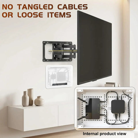 Premium In Wall TV Media Box For Slick Cable Concealment And Hidden Outlet Storage Heavy Duty Structured Wiring Enclosure with internal view.
