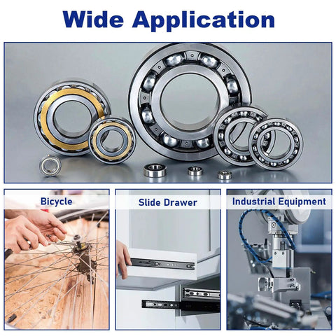 120 Pieces 6mm Stainless Steel Bearing Balls for Bicycle Maintenance and Repairs showcased with applications for bike, drawer, machinery