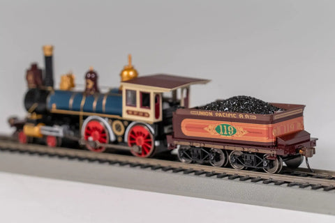 4-4-0 American Steam Locomotive With DCC Ready System Union Pacific 119 HO scale model on track with wood load