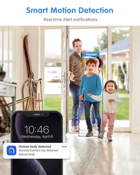 2K Indoor Pet Camera With 360 Pan Tilt WiFi Camera detecting motion of three people at entrance, human motion detection feature visible