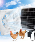 Eight Inch Solar Fan With 20 Watt Rooftop Panel For Backyard Barn Chicken Coop And Garage Shed White Housing with chickens.