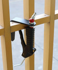 Four Inch L Shaped Pneumatic Tool Rafter Hook Hanger With One Quarter Inch Swivel Fittings Keeps Tools Off The Ground And Hands Free On The Jobsite For Nailer Hammer And Blow Gun With Adapter Two Pack, mounted on rafter