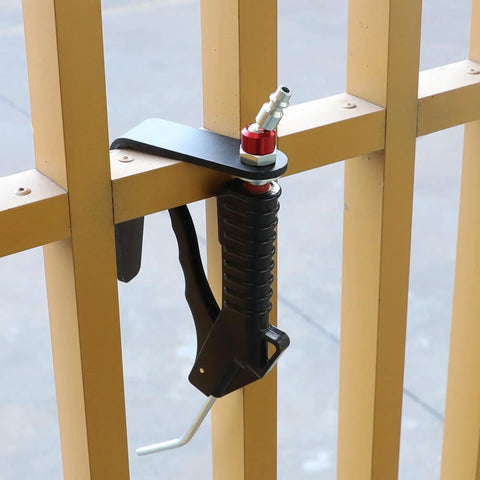 Four Inch L Shaped Pneumatic Tool Rafter Hook Hanger With One Quarter Inch Swivel Fittings Keeps Tools Off The Ground And Hands Free On The Jobsite For Nailer Hammer And Blow Gun With Adapter Two Pack, mounted on rafter