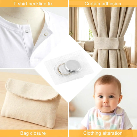 Sleeper Quality 32 Pair Hidden Magnetic Snaps 64 Piece Invisible Clasp Kit For Jackets Purses And Craft Work With Lowkey Secure Hold Quick Swap Setup And Matte Gold Finish displayed with various uses including neckline fix, curtain hold, and bag closure.