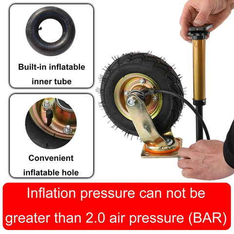 Heavy Duty Rubber Pneumatic Casters 4 Pack 8 10 Inch Rock Solid Replacement Wheels With Swivel Brakes for inflation setup.