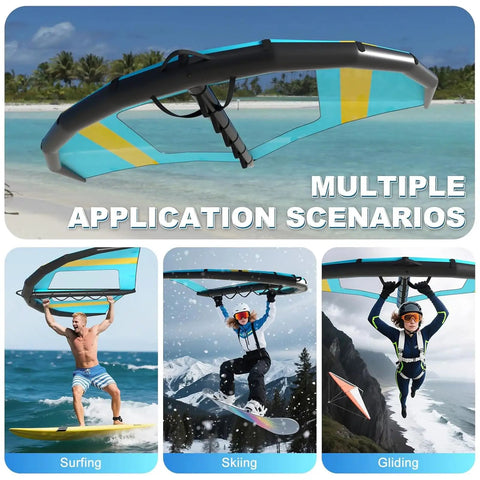 Multiple use scenarios of 4 5 6 Square Meter Inflatable Wind Wing For Surfing And Kitesurfing, skiing, and gliding displayed.