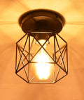 Retro Black Industrial Ceiling Light Fixture Mini Metal Rustic Flush Mount illuminated with vintage bulb in geometric pattern