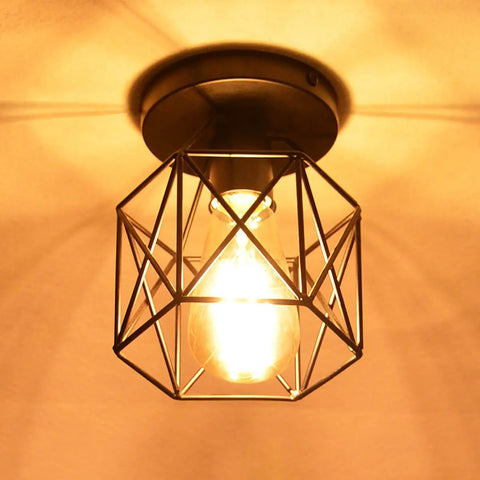 Retro Black Industrial Ceiling Light Fixture Mini Metal Rustic Flush Mount illuminated with vintage bulb in geometric pattern