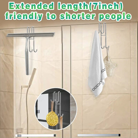 Extended Double Shower Door Hooks 2 Pack No Drill No Mess Heavy Duty Stainless Steel Towel Hangers For Frameless Glass Bathrooms Drilling Free No Adhesive Perforation 7 Inch Long Easy Install And Extra Towel Storage
