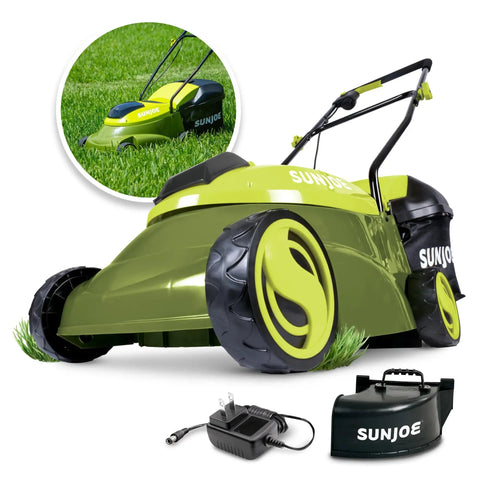 Cordless Electric Push Lawn Mower with 14 Inch Cutting Width, 28V 4Ah Battery, 10.6 Gallon Grass Bag in green view