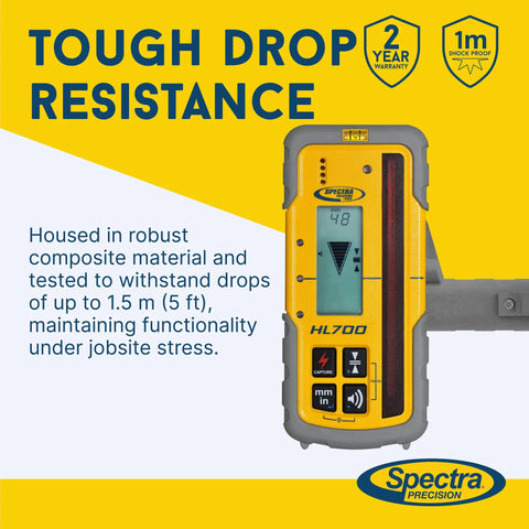 HL700 Digital Readout Receiver for Surveying and Layout, Built Tough For The Job, Huge Five Inch Reception Height, Front And Rear LCD Displays, Waterproof And Weatherproof, Precise Elevation Readout Within Two Inches, Rugged Design For Basic And Advanced. with yellow gray body