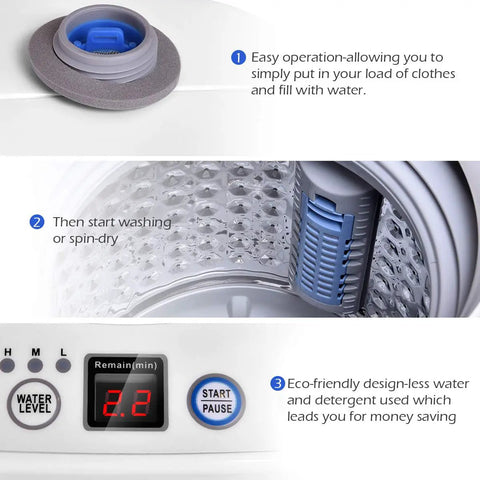 Full Automatic Portable Washer And Dryer Combo Featuring Built In Pump Drain 8 Lbs Compact Laundry Spin Dryer control panel and drum image for easy operation.