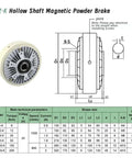 Diagram and specifications for Hollow Shaft Magnetic Powder Brake DC 24V 1400 RPM With 6-400 Nm Torque Range 0.6-40 Kg Load