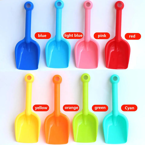 Eight Pack Heavy Duty Plastic Beach Shovels For Kids And Toddlers, in bright colors, arranged on white background.