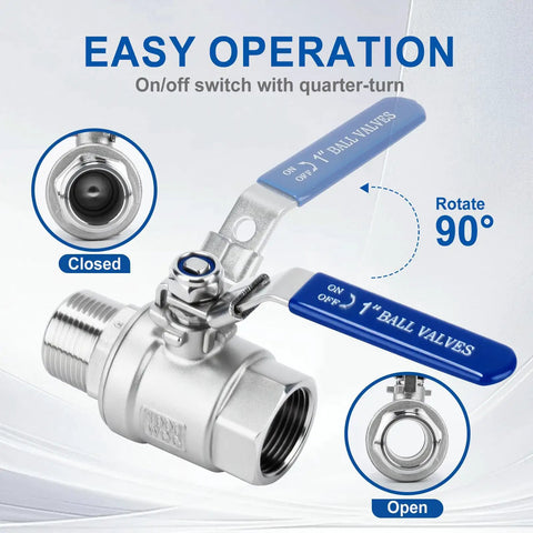Two Pack Half Inch Full Port Ball Valve With NPT Male Female Threads Forged From Tough 304 Stainless Steel Absolute Workhorse Design Rated For One Thousand PSI On Water Oil Gas Lines With Reliable Locking Handle in a quarter-turn operational position.