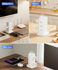 Game Changing Power Strip Tower Surge Protector With Pd Fast Charging Usb C Ports And Twelve Ac Outlets Smart Charging Station on desk setups in living room, kitchen, office.
