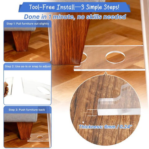 Clear Non Slip Couch Stoppers 2 Pack 9 Inch Universal Furniture Spacers shown during tool-free installation steps. Thick acrylic, 6mm.