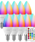 Color Changing LED E12 Candelabra Bulbs With Remote Plug In 120V RGB Plus 2700K Warm White 40W Equiv 450 Lumens 12 Pack