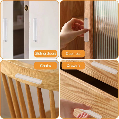 Mini Self Adhesive Clear Acrylic Cabinet Drawer Pulls 2 Pack No Punching Design Push Pull Handles shown on doors, chairs, and drawers.