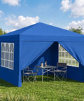 10x10 Auto Pop Up Canopy Tent With Weatherproof Sidewalls Instant Waterproof Sun Shade Gazebo in blue setup with table and chairs.