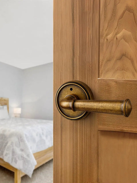 Privacy Door Lever In Antique Brass, Retro Vintage Interior Door Handle For Bedroom And Bathroom, 2.64 Inch Round Rosette on wooden door