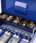 Premium Metal Cash Box With Tray And Killer Combination Lock, Blue Locking Box With 4 Bill Slots, 5 Coin Slots, Opened View