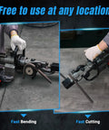 Portable Cordless Electric Rebar Cutter And Bender, Hydraulic Handheld Cutting Tool With Li-Ion Battery in use for fast bending and cutting.