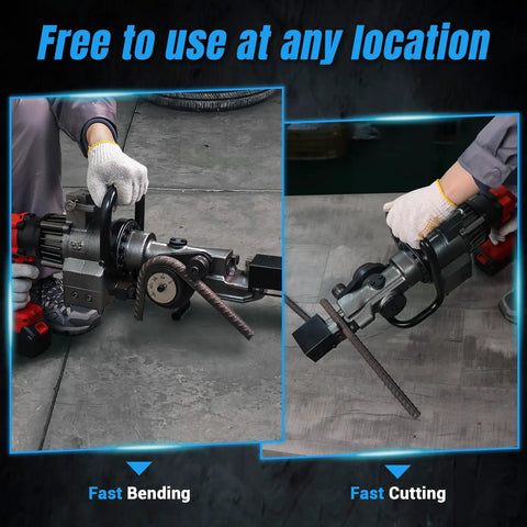 Portable Cordless Electric Rebar Cutter And Bender, Hydraulic Handheld Cutting Tool With Li-Ion Battery in use for fast bending and cutting.