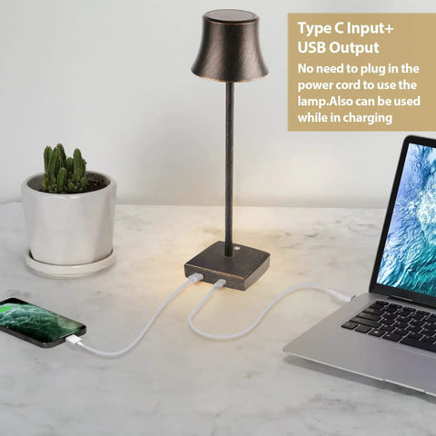 Cordless LED Desk Lamp Pack Of 2, Rechargeable Battery Powered Table Lights With 3 Brightness Levels on a desk with USB C charging