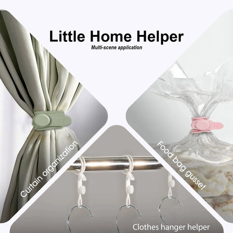 Silicone Cable Straps Set 24 Pcs For Bundling Earphones Chargers Cords And Wires Reusable Elastic Easy To Clean Cable Ties For Home Office Kitchen School In Four Color Options shown organizing curtain, sealing food bag, and holding clothes hangers.