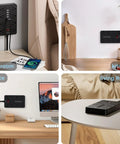 Flat Plug Power Strip With 8 Widely Spaced Outlets 10 Ft Extension Cord And 6 USB Ports Including 1 USB C Port in various rooms.