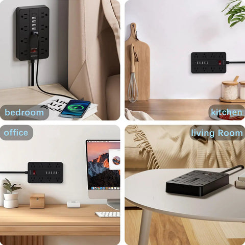 Flat Plug Power Strip With 8 Widely Spaced Outlets 10 Ft Extension Cord And 6 USB Ports Including 1 USB C Port in various rooms.