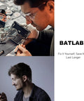Technician working on No Sweat Charging Port Dock Board Replacement Kit For Galaxy S25 Plus with tools and magnifying glass.