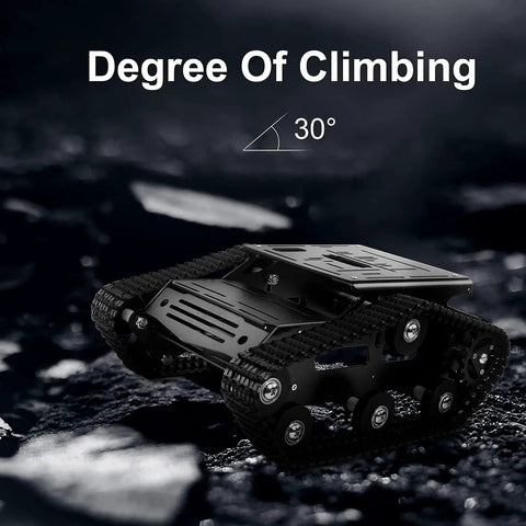 Kickass Smart Robot Tank Chassis Kit Built With Aluminum Alloy And 2WD Motors For Jetson Nano Raspberry Pi Arduino DIY STEM Projects And ROS Research Durable Low Noise Track Base For Serious Learning climbing 30 degrees on rocky terrain