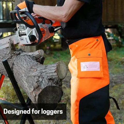 Chainsaw Chaps With 8 Layer Protective Material Adjustable Apron Wrap For Loggers And Forest Workers in use with chainsaw