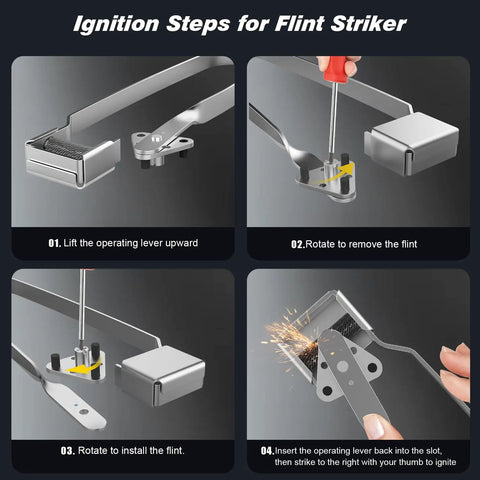 Ignition steps for Two Pack Triple Groove Flint Torch Strikers With Eighteen Replacement Flints for smooth operation and quick ignition.