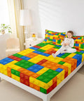 Twin Size Building Blocks Bed Sheet Set For Kids Kid Friendly Cozy Soft Breathable 3 Piece Bedding With Fitted Sheet Flat Sheet And Pillowcase Great For Nursery And Bedroom. Twin bed in kids room with colorful building block print sheet set