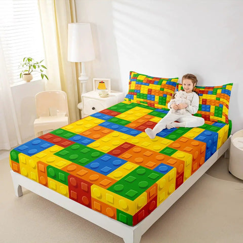 Twin Size Building Blocks Bed Sheet Set For Kids Kid Friendly Cozy Soft Breathable 3 Piece Bedding With Fitted Sheet Flat Sheet And Pillowcase Great For Nursery And Bedroom. Twin bed in kids room with colorful building block print sheet set