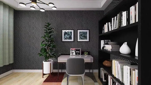 Home office featuring Heavy Hitter One Pack Egg Crate Foam Soundproof Wall Panels Top Shelf Acoustic Treatment For Music Studio And Bedroom Wall 48 By 24 By 2 Inches Black Fire Rated Noise Canceling.