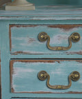 Antique Bronze Cabinet Pulls Set Of 4 With 3.5 Inch Center Hole 88mm Vintage Dresser Handles installed on weathered blue dresser